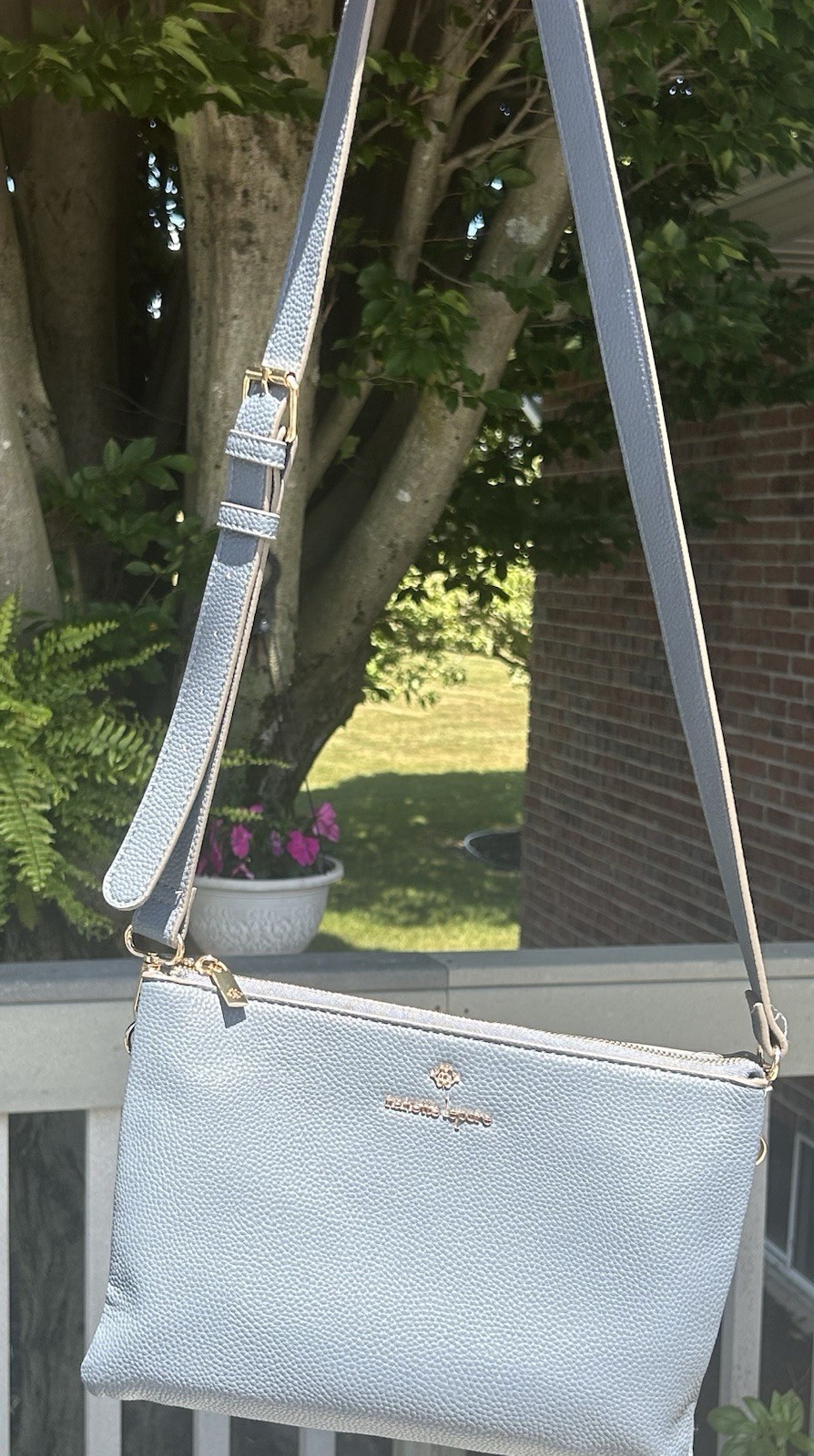 Nanette Lepore Light Blue Pebbled Crossbody Bag Gold Hardware Zip Striped Lining