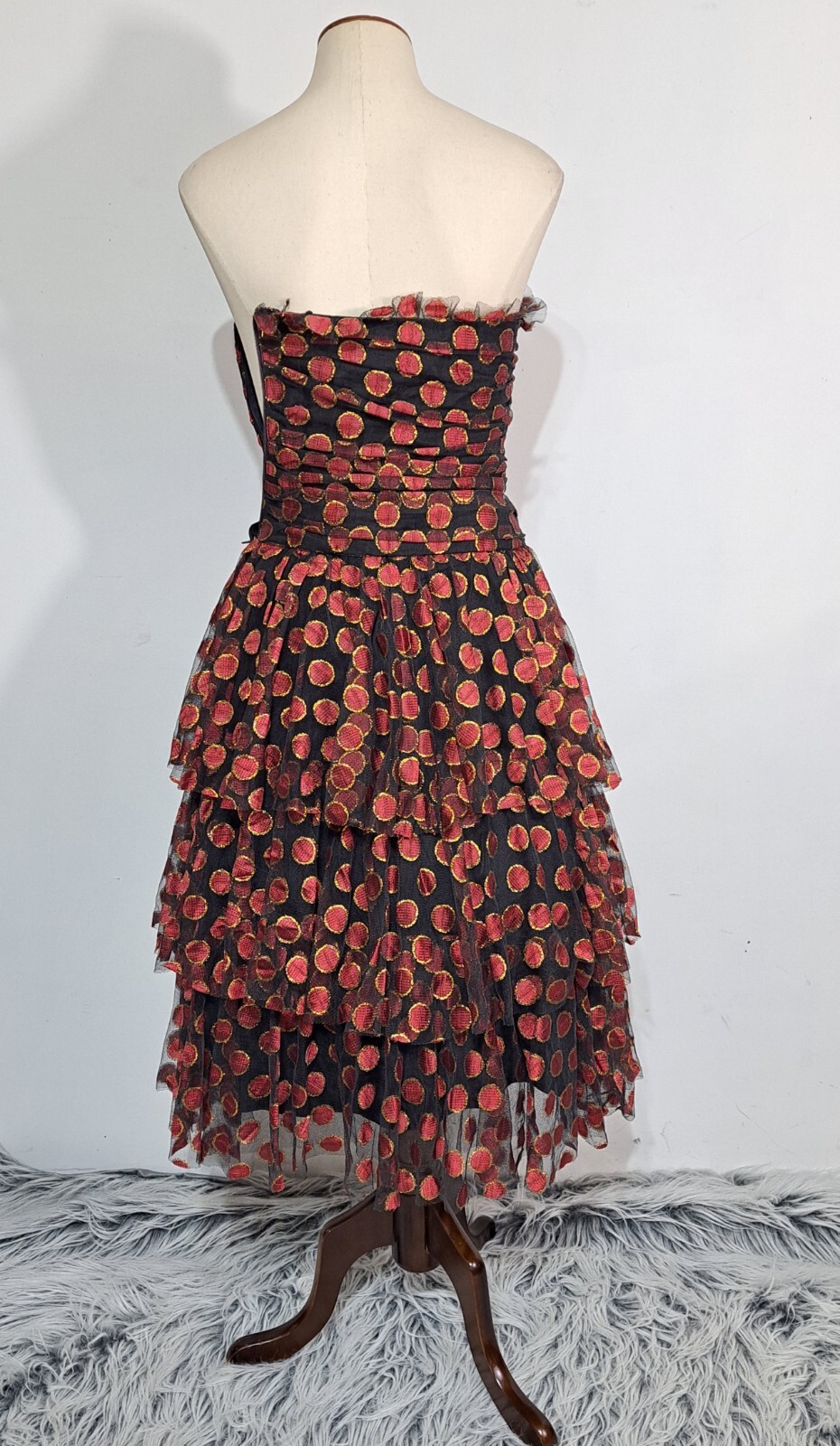 Vintage Bellville Sassoon Strapless Party Dress Ruched Tiered Skirt XS Metallic