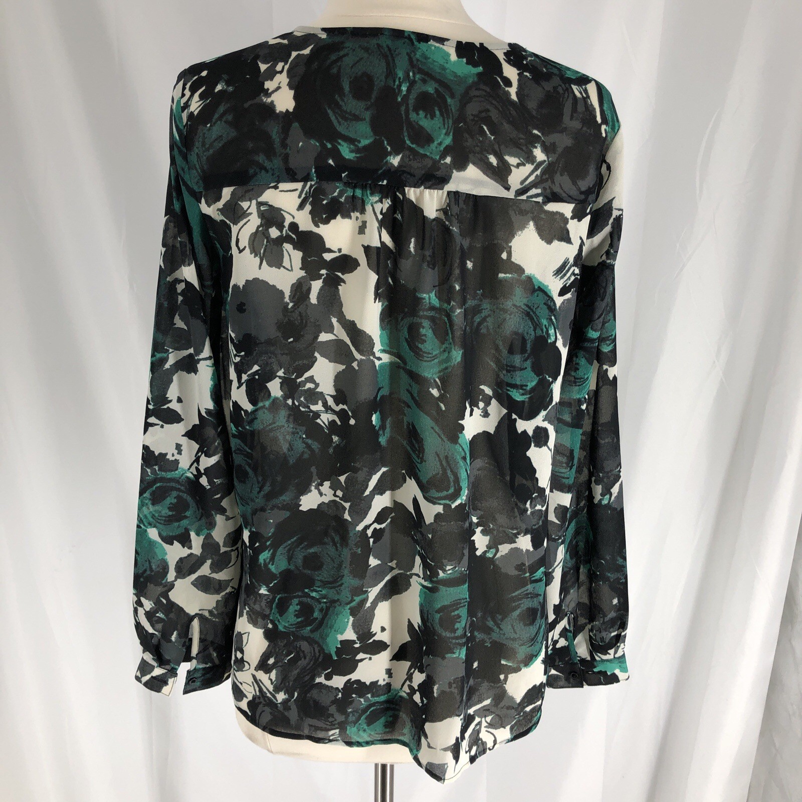 LOFT Women’s Small Black Green Floral Sheer Long Sleeve Blouse Top