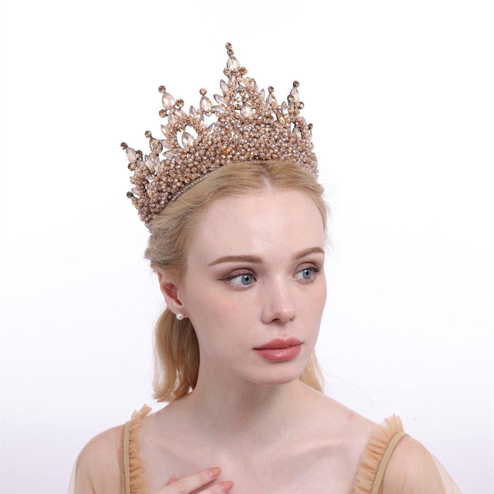 7.5cm Tall Large Crystal Beads Tiara Wedding Queen Princess Crown For Women