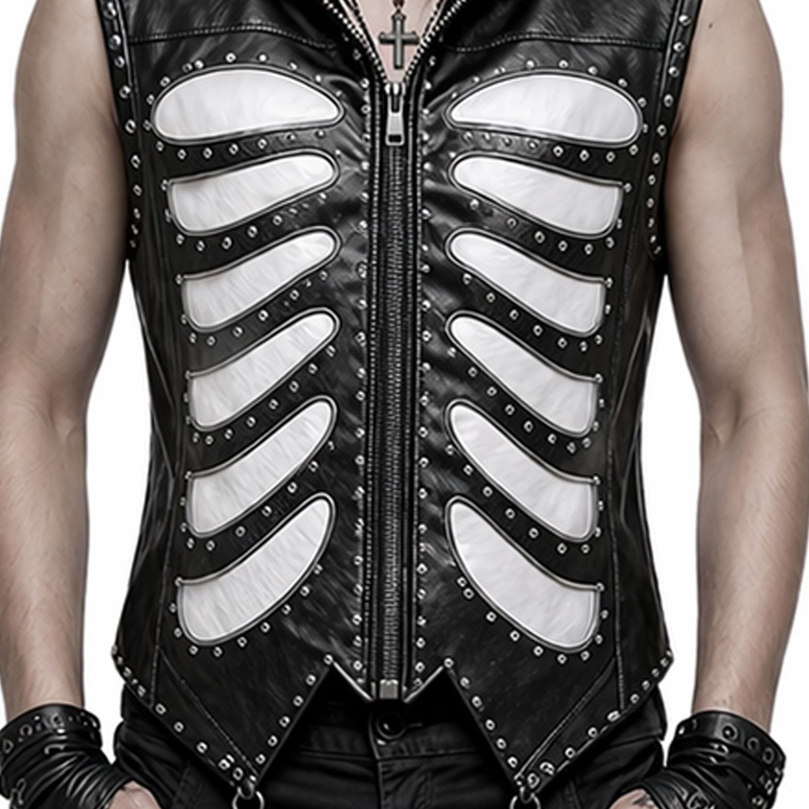 Black Gothic Genuine Leather Vest Hoodie Skeleton Rib Cage Studded Punk Jacket