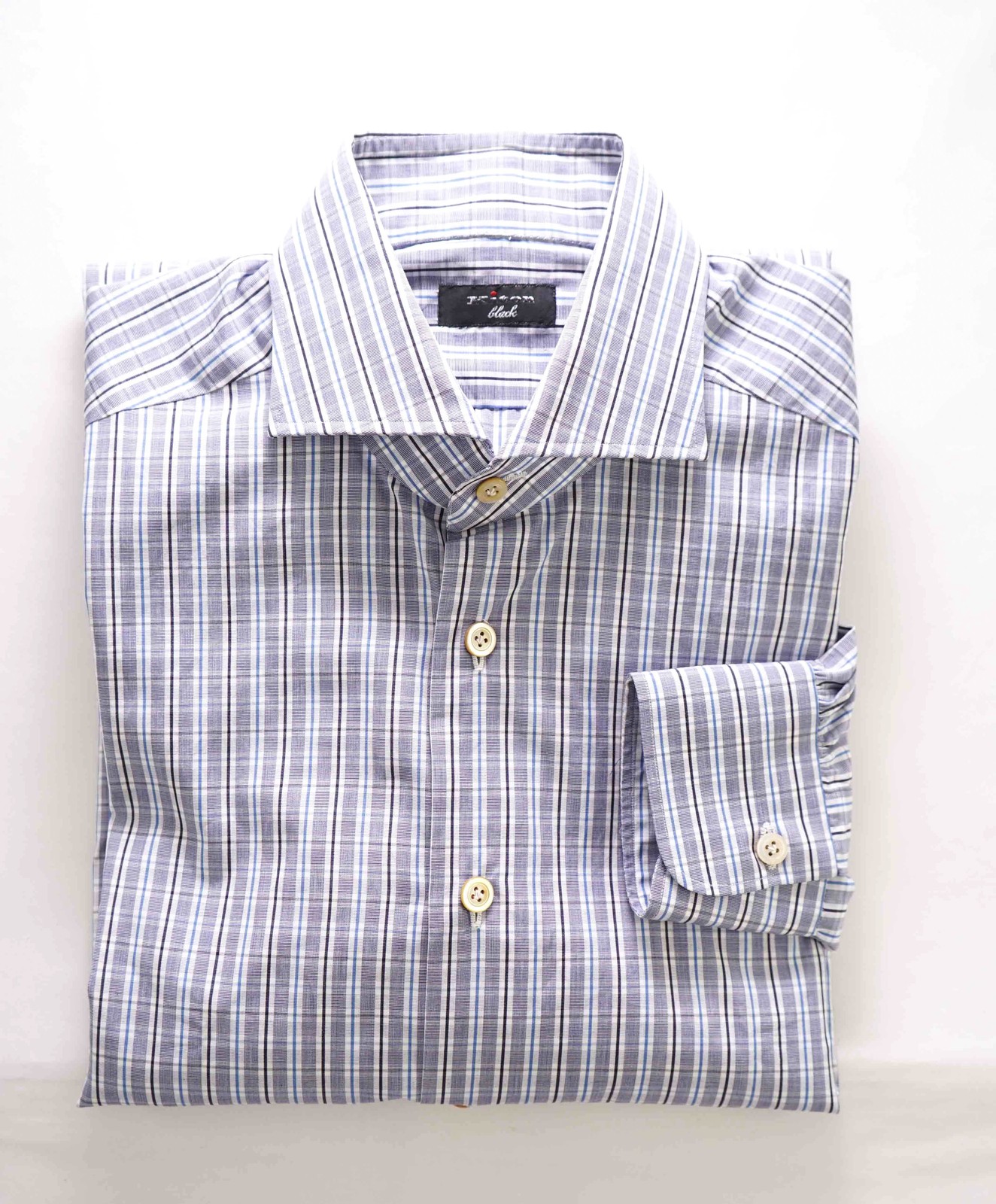 $995 KITON – BLACK Gray/Blue Check CUTAWAY Collar Button Down Shirt – 15.5 39