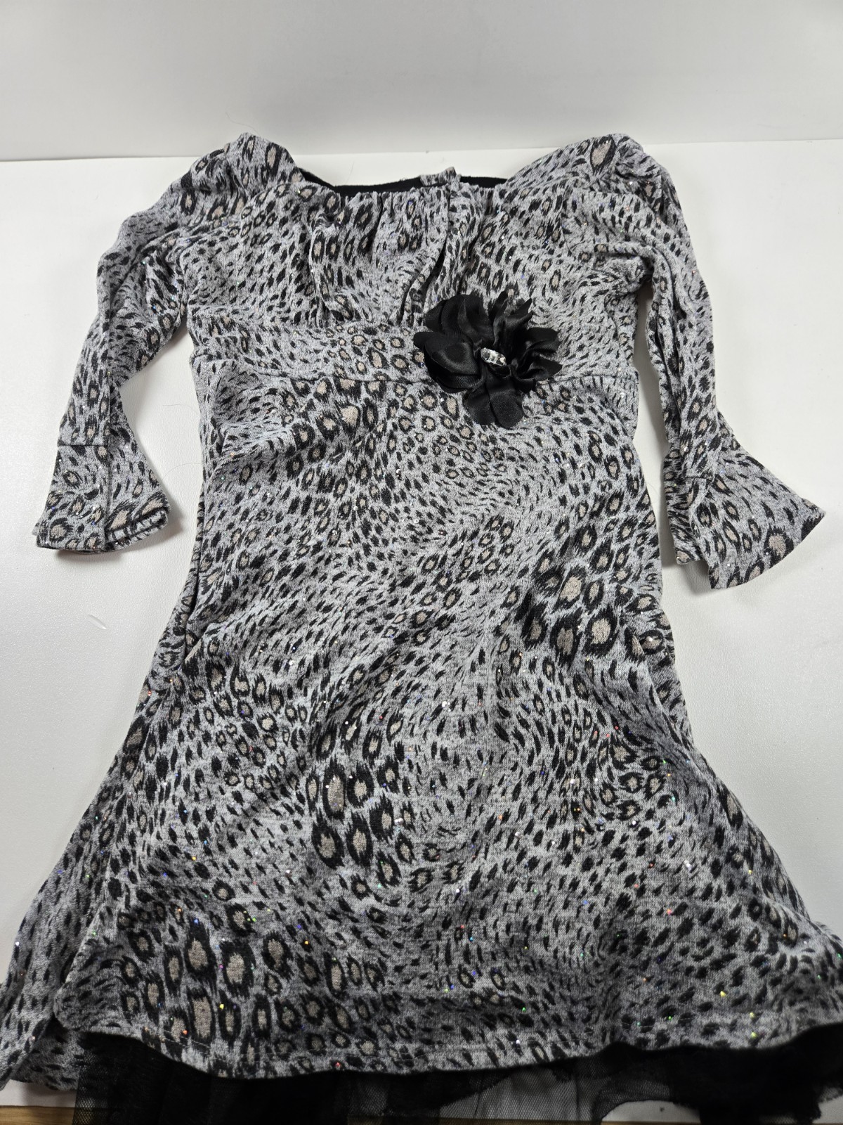 Emily West Girl’s Holiday Dress Gray Black Sparkle Sz 8 Cheetah Leopard