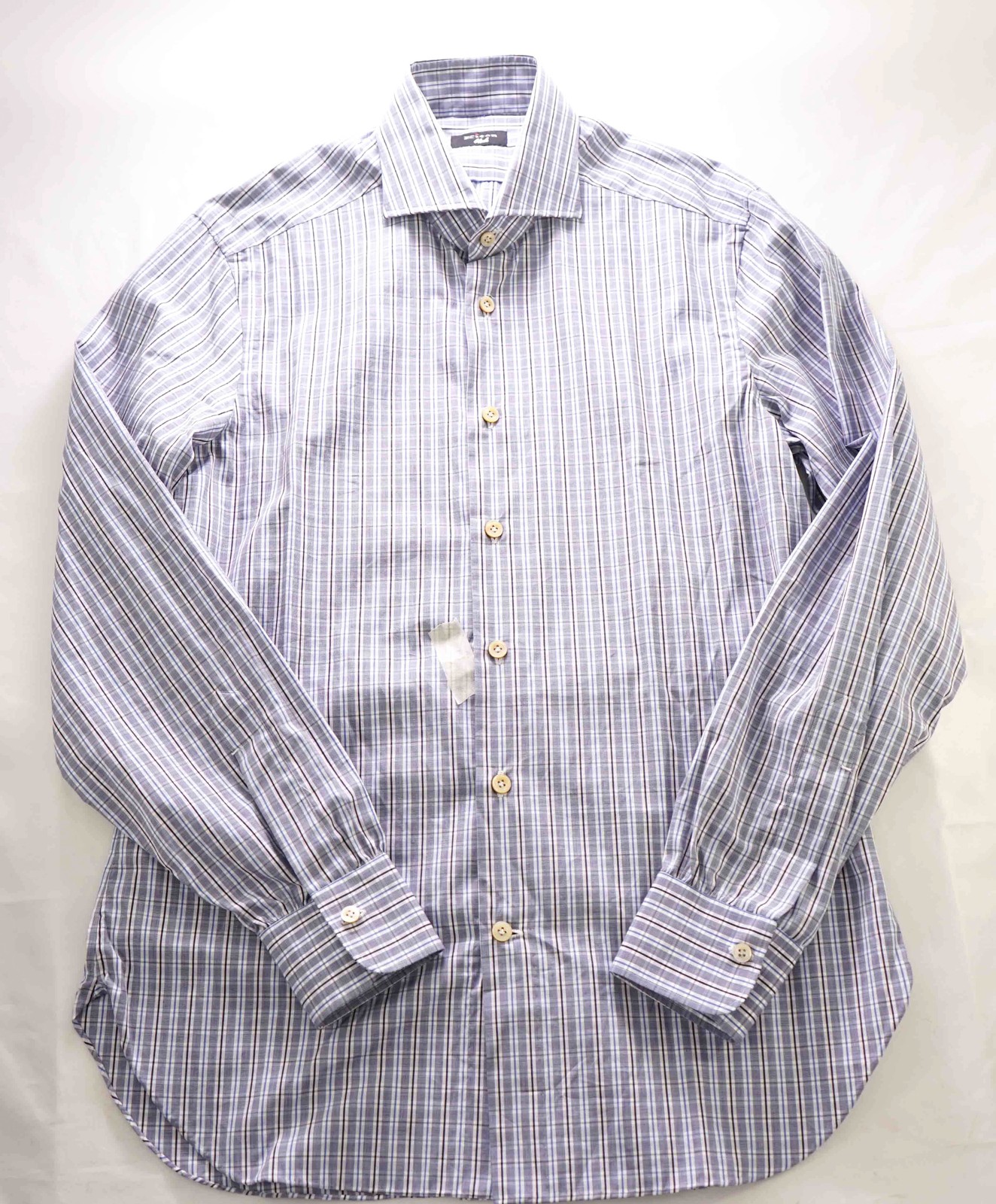 $995 KITON – BLACK Gray/Blue Check CUTAWAY Collar Button Down Shirt – 15.5 39