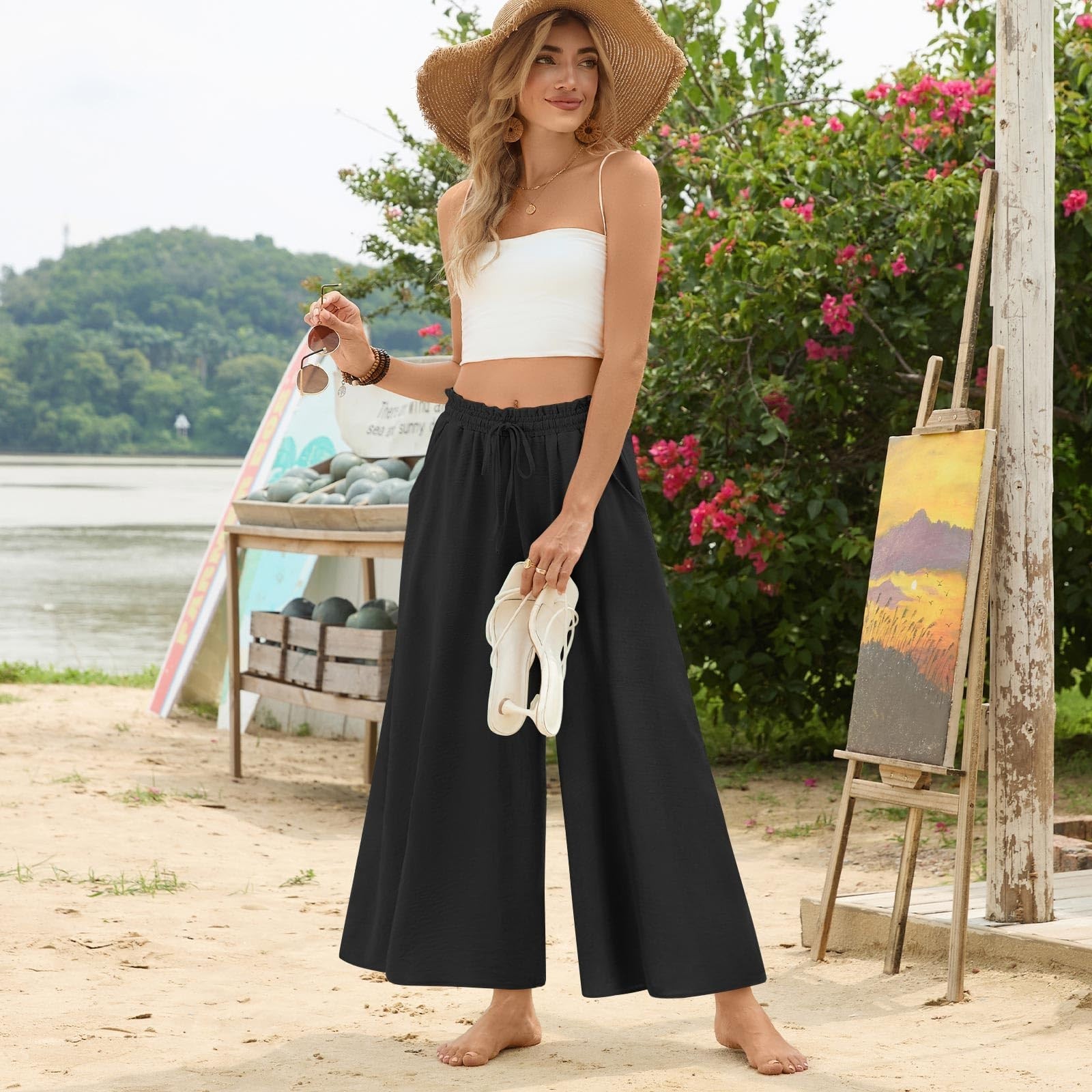 Bestbee Women’s Wide Leg Palazzo Pants Dressy Casual Gaucho Pants Elastic Wai…