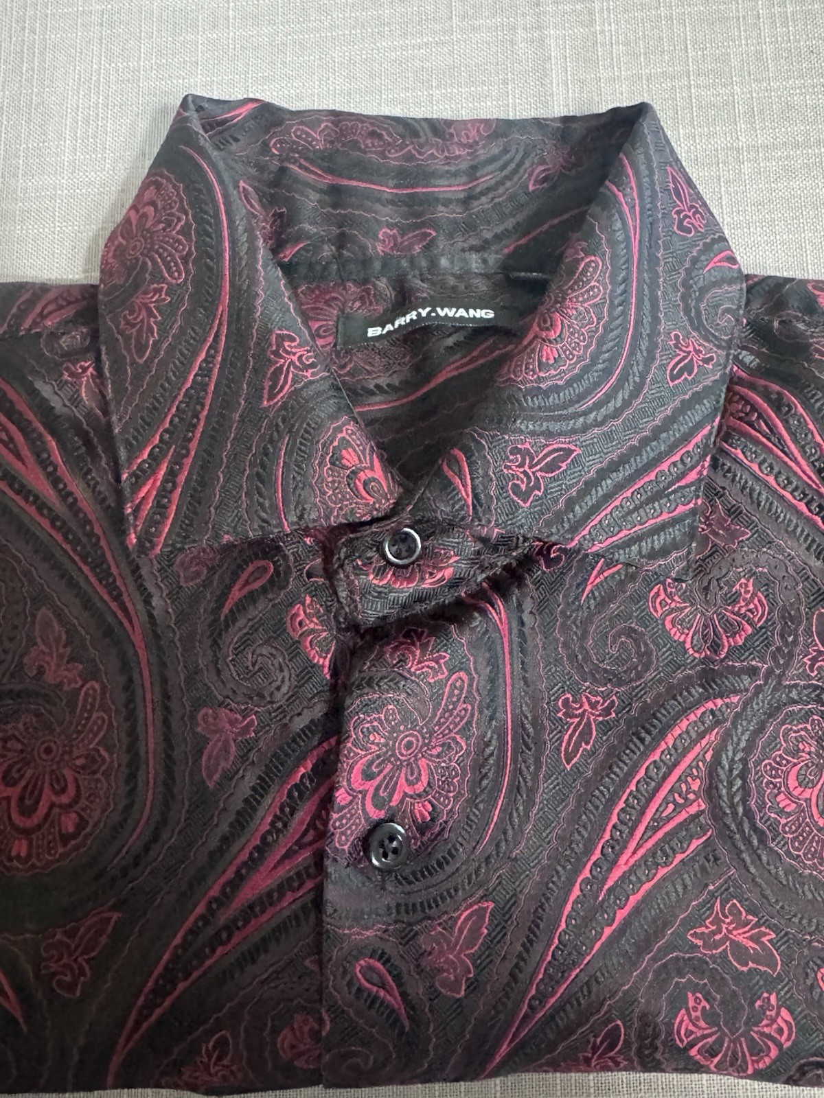 Barry Wang Mens XL Red Black Satin Long Sleeve Paisley Dress Shirt Gothic Y2K