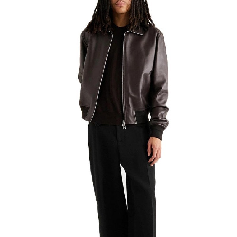 Hot Sale Men’s Brown Leather Jacket Classic Bomber Zip Front Ribbed Waist Jacket