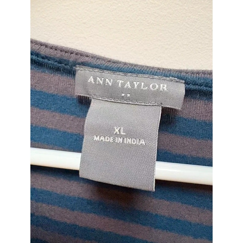 Ann Taylor Striped Surplice V-Neck Empire Waist Short Sleeve Top Gray Blue XL