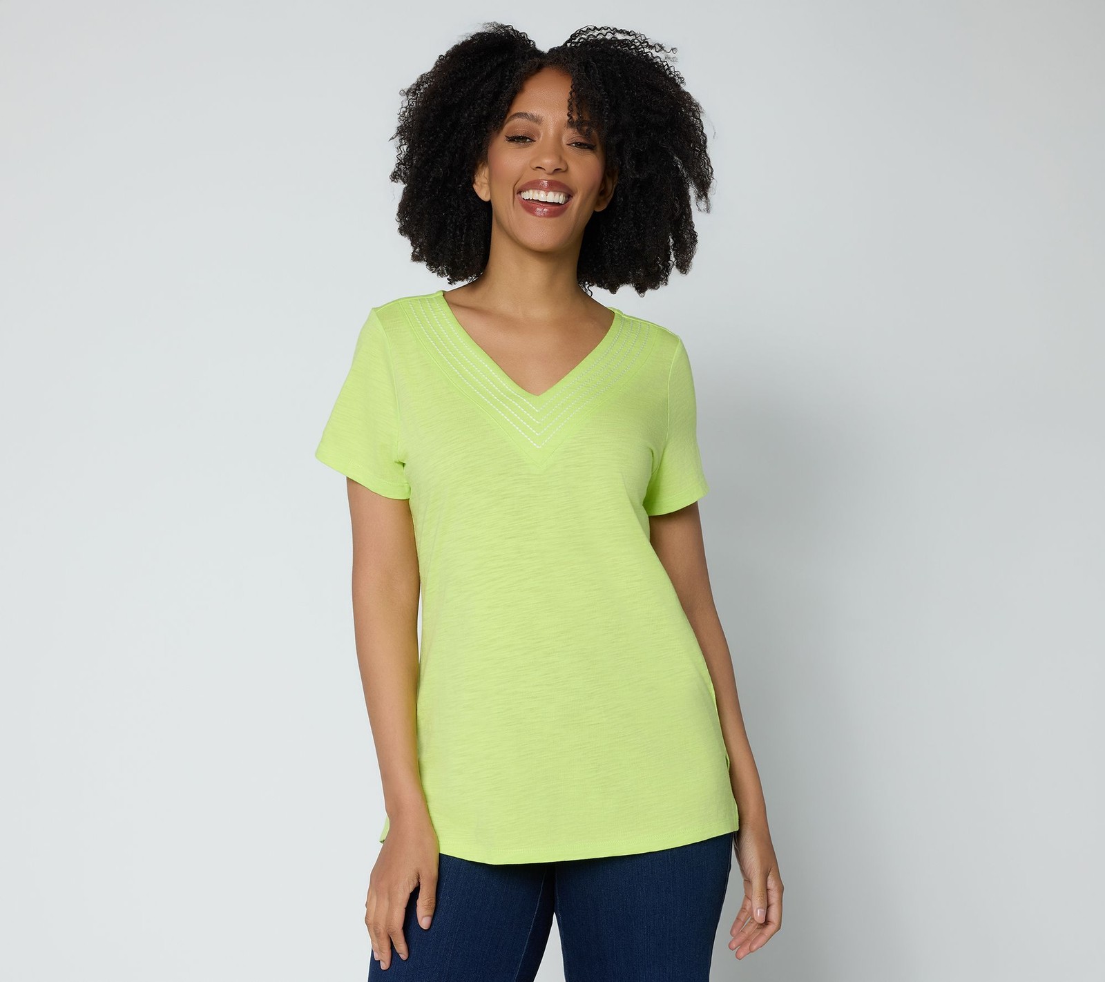 Belle by Kim Gravel Slub Knit Triple Stitch V Neck Top Key Lime L New