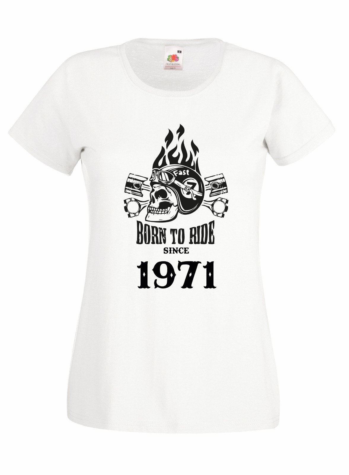 Women’s J2241 Fast Motor and Skull Born To Ride Since 1971 T-Shirt