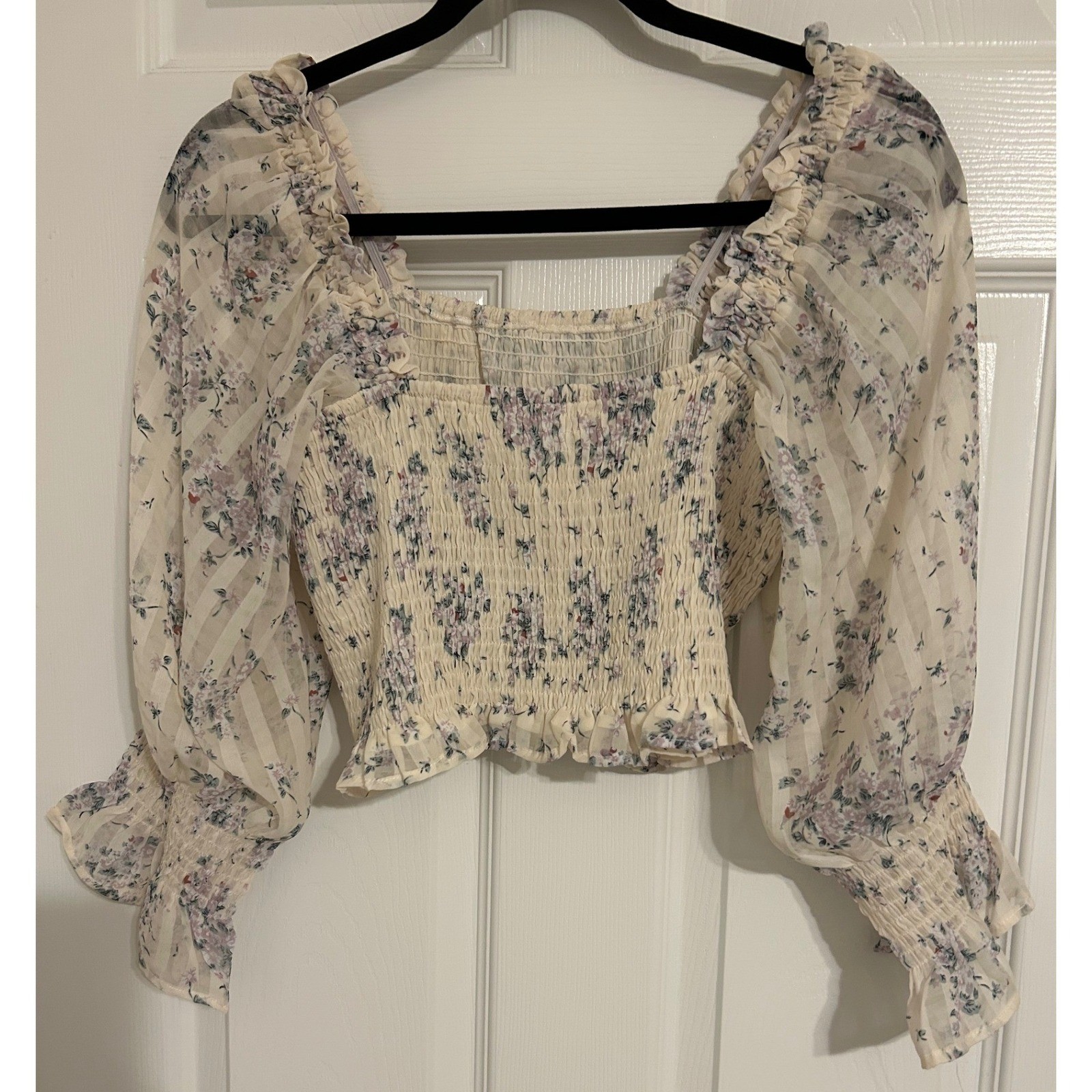 Collective Rack Floral Smocked Crop Top Cream Purple Sheer Balloon Sleeve Blouse