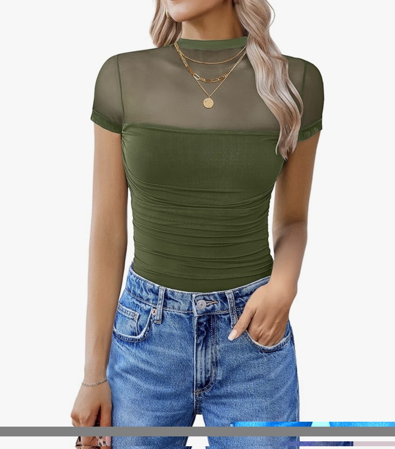 Mock Neck Olive Green Mesh Yoke Ruched Bodysuit 162 party work date night trendy