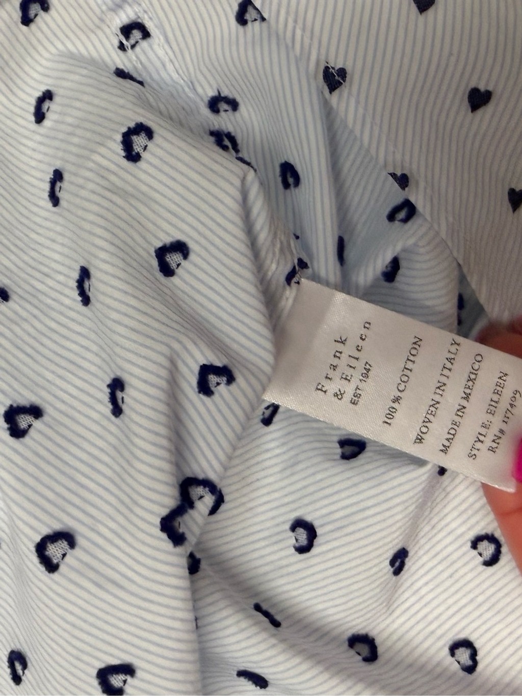 Frank & Eileen Eileen Heart Print Button Front Shirt Blue Stripe Large