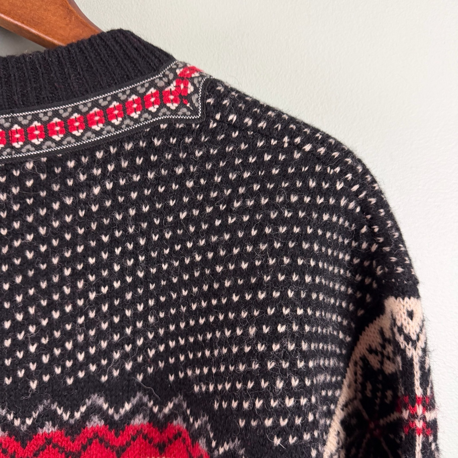 VTG Women Willi Smith Black Fair Isle Shetland Wool Cardigan Sweater Size Large