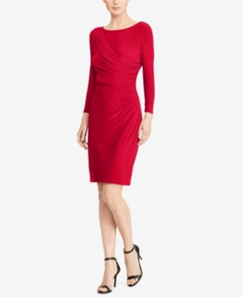 AMERICAN LIVING Boat Neck Pleated Long Sleeve Jersey Sheath Mini Dress, 2 Red