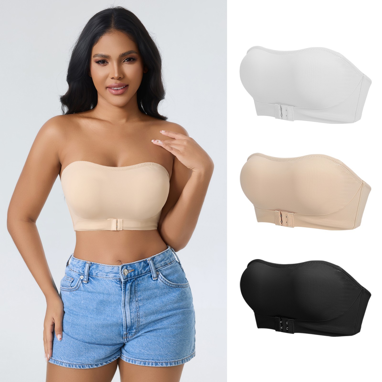 3 Pack Strapless Wireless Bra Anti-Slip Bandeau Front Closure Padded Bralette