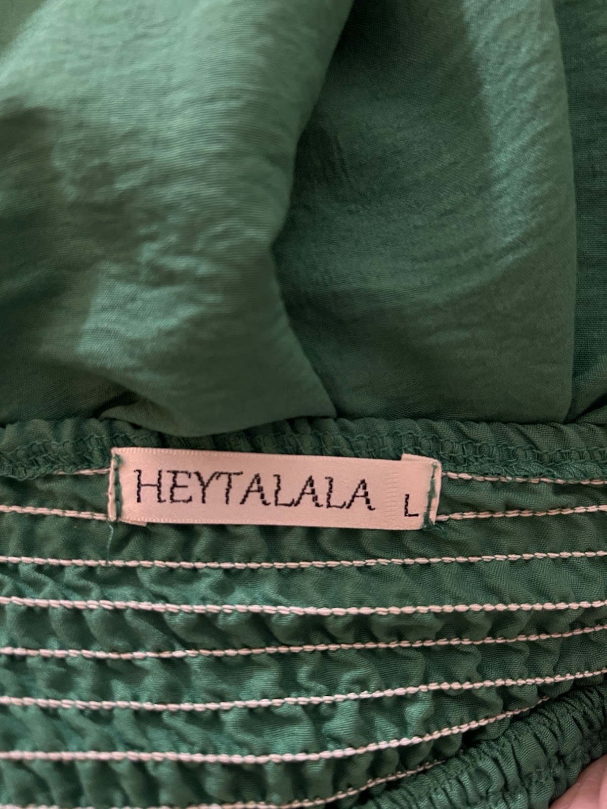 HEYTALALA Green Smocked, On/Off Shoulder, Flutter Sleeve Peplum Blouse
