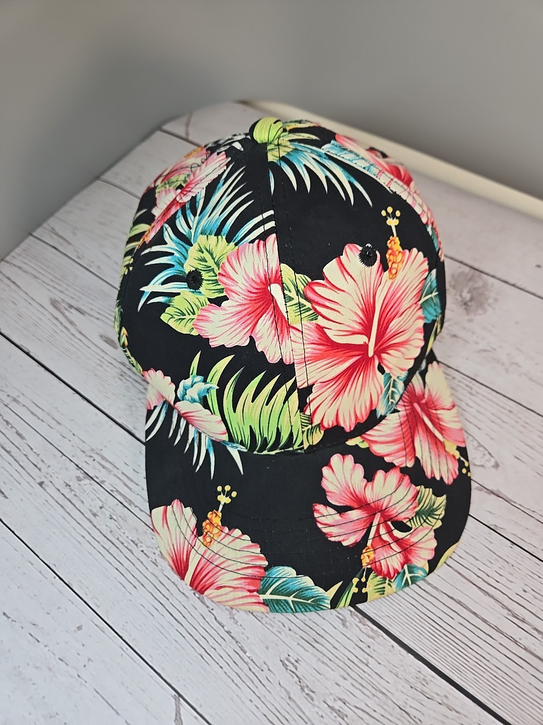 Floral Tropical Vacation Theme Black Hat Flowers Adjust Adult Size Baseball Hat
