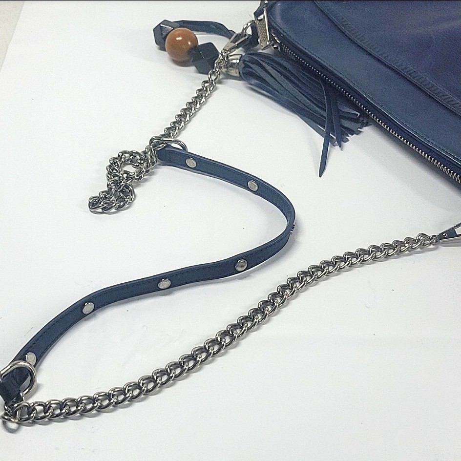 Rebecca Minkoff MAC Woven Leather Crossbody Bag Chain Strap Navy Tassel