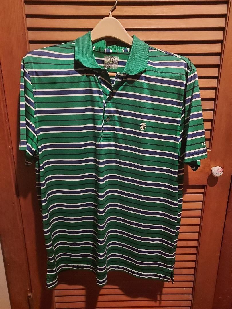 Izod Polo Shirt Mens Large Blue Green White Striped Golf Casual Short Sleeve