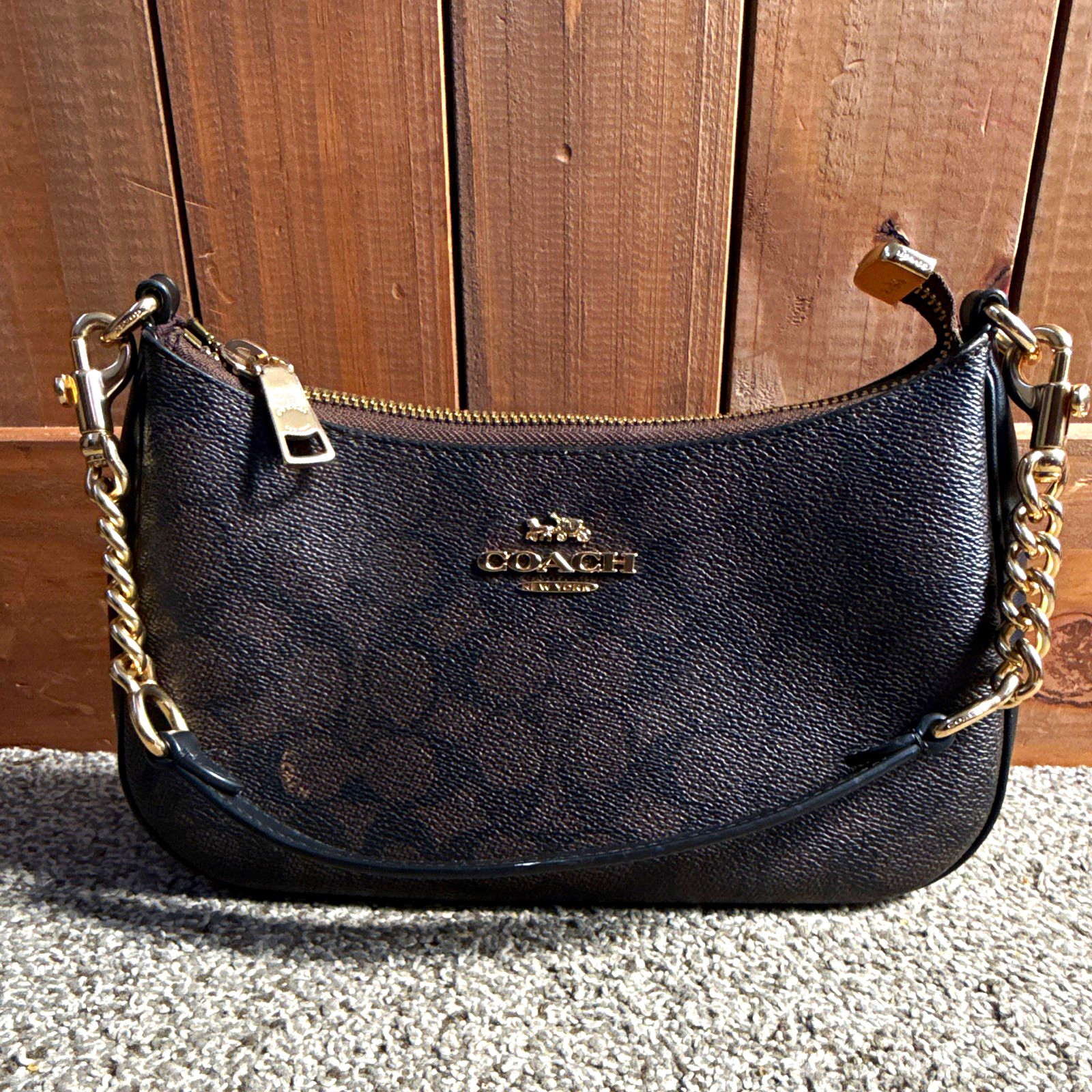Coach Signature Teri Shoulder Bag Dark Brown Black Leather CV933