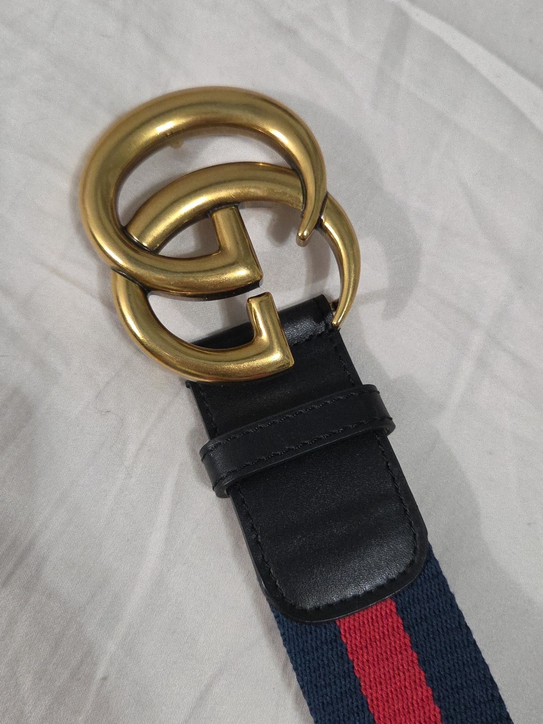 Gucci GG Brass Buckle Striped Navy Red Dress Belt Men’s 36-38 IT 105CM
