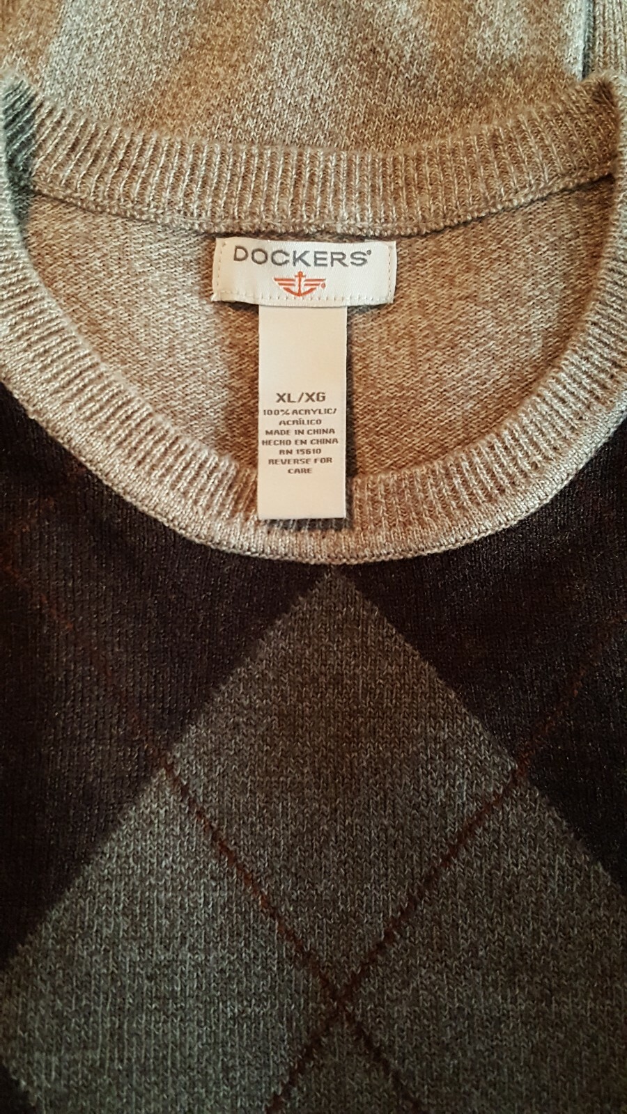 Dockers Men’s Beige Multi Argyle Long Sleeve Crew Neck Pullover Sweater Size XL