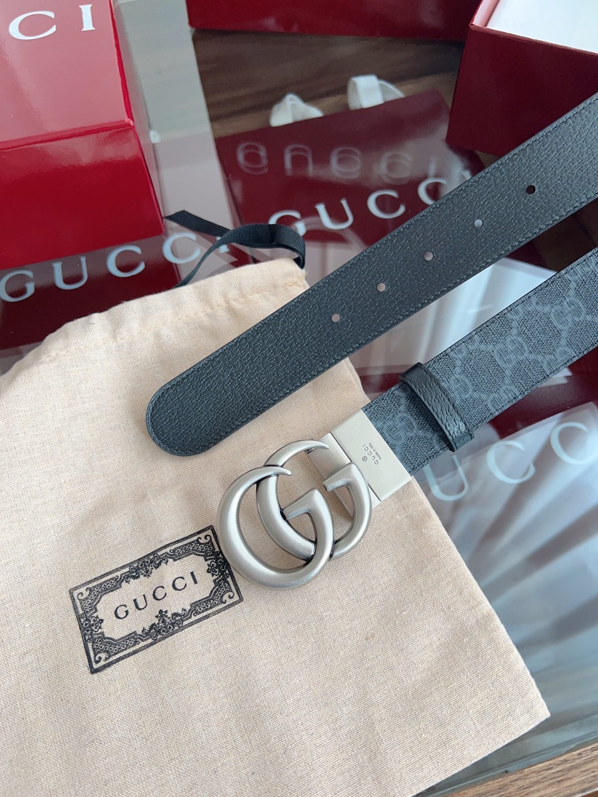 New Gucci Black Leather GG Canvas Men’s Reversible Belt Retro GG Buckle 3.7cm