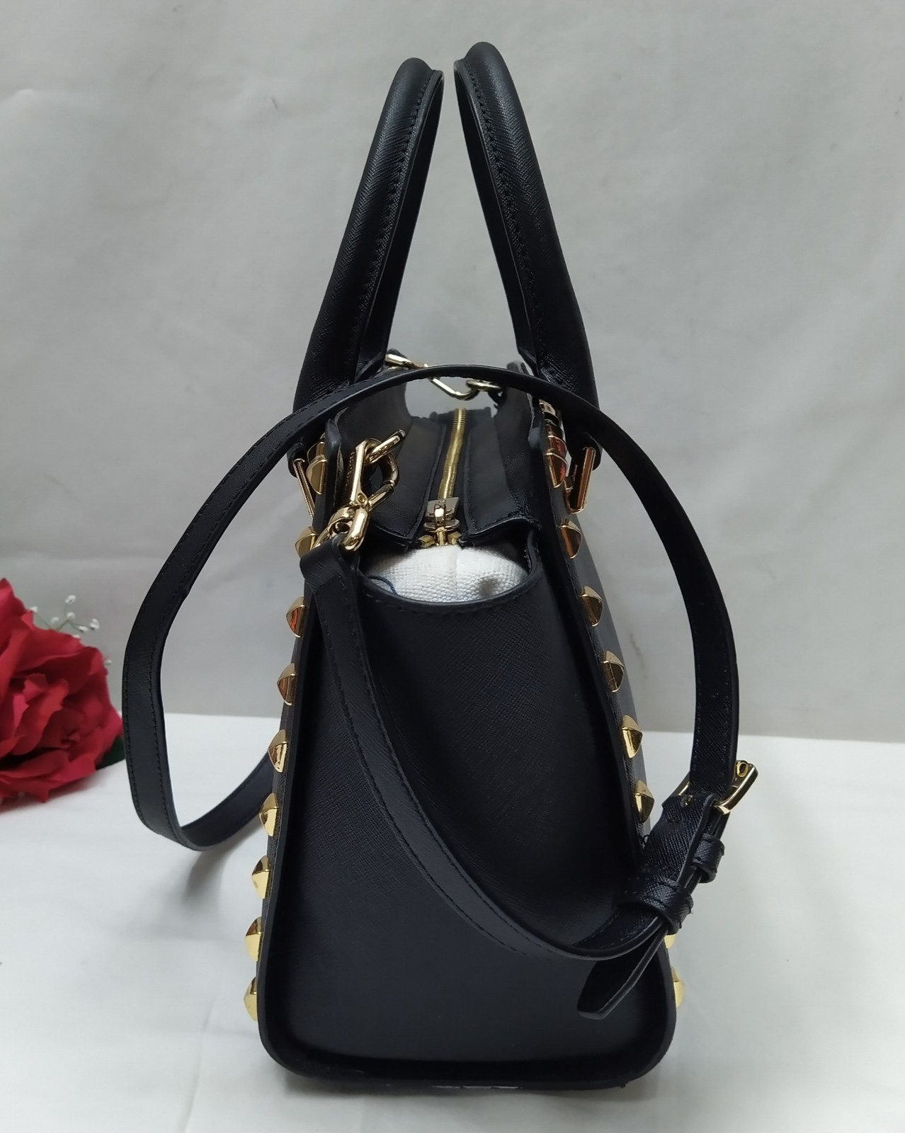 Michael Kors Black Leather Studded Double Handles Satchel Bag
