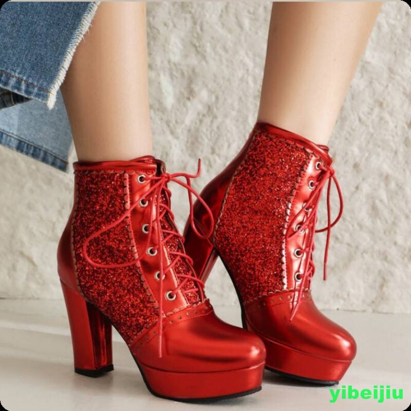 Ankle Boots High Heel Glitter Sequin Shiny Leather Platform Women’s Shoes Stage