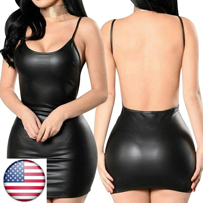faux PU Leather Women’s Sexy-Lingerie Babydoll Club Party wear Dress Spaghetti.