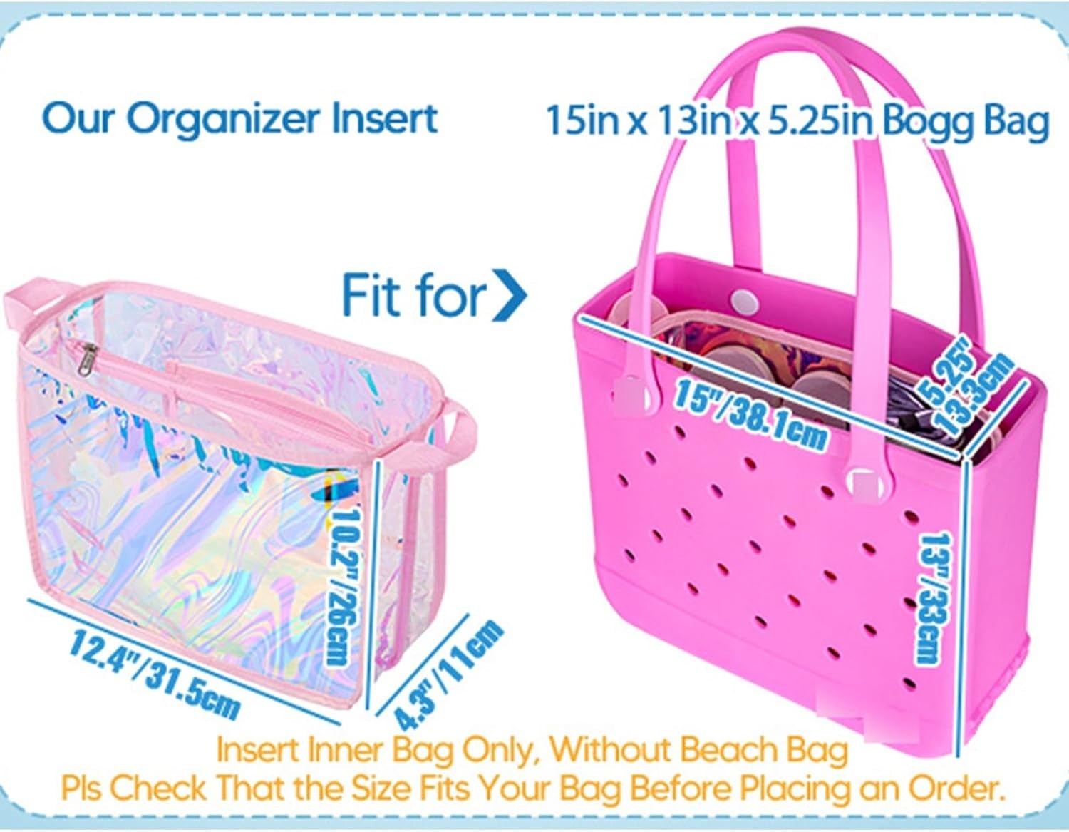 Iridescent Waterproof Beach Bag Organizer Insert for Bogg Bag – Pink 12.4×10.2in