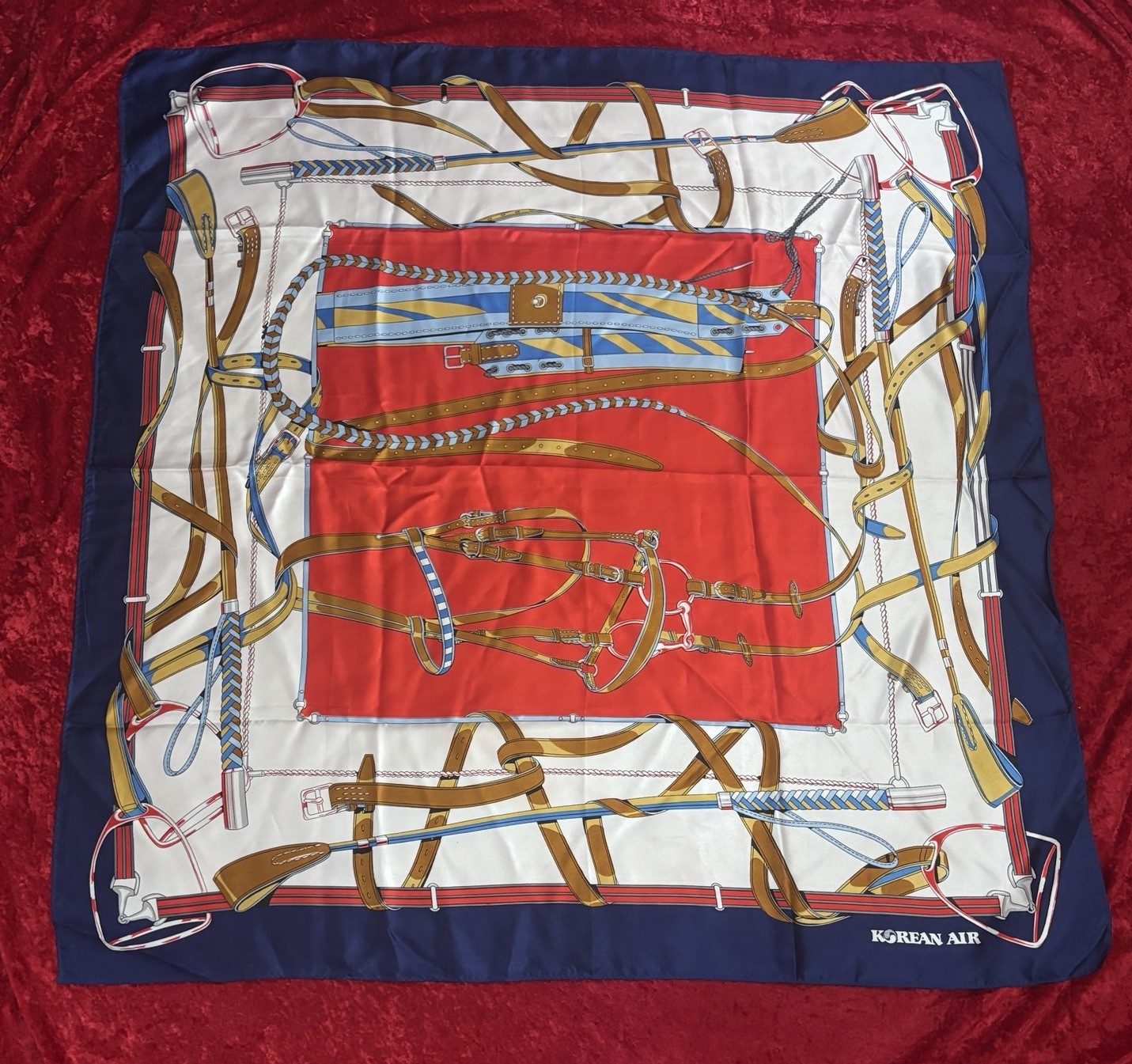 Vintage Korean Air Scarf Square Satin Equestrian Horse Bright Blue Red Gold
