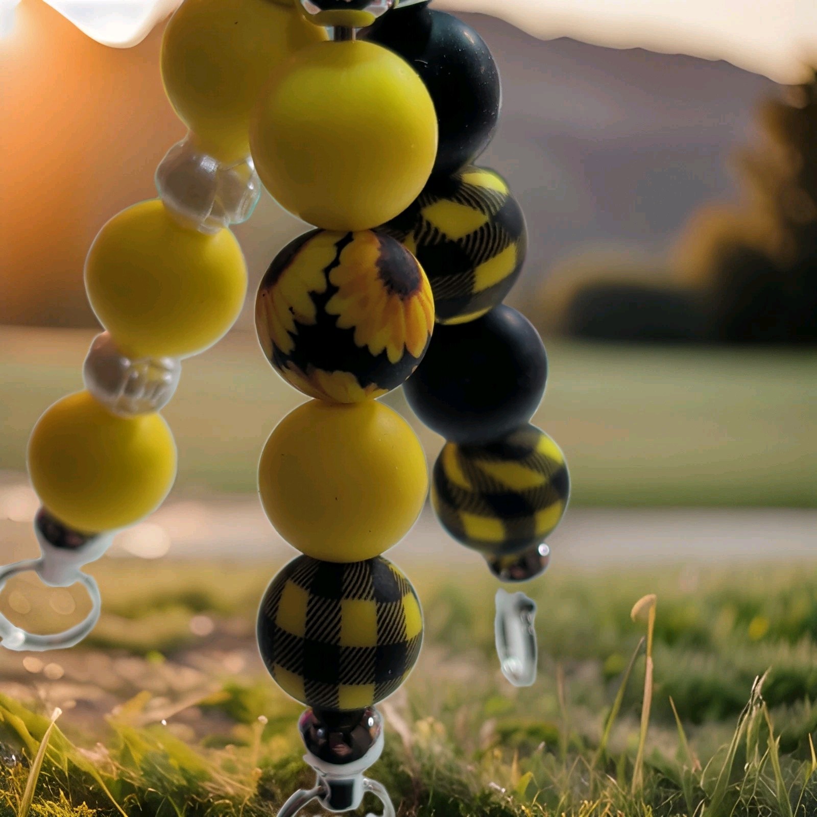 Yellow Black Silver Beaded Key Chain w/ Lobster Clasp Plaid Floral Beads