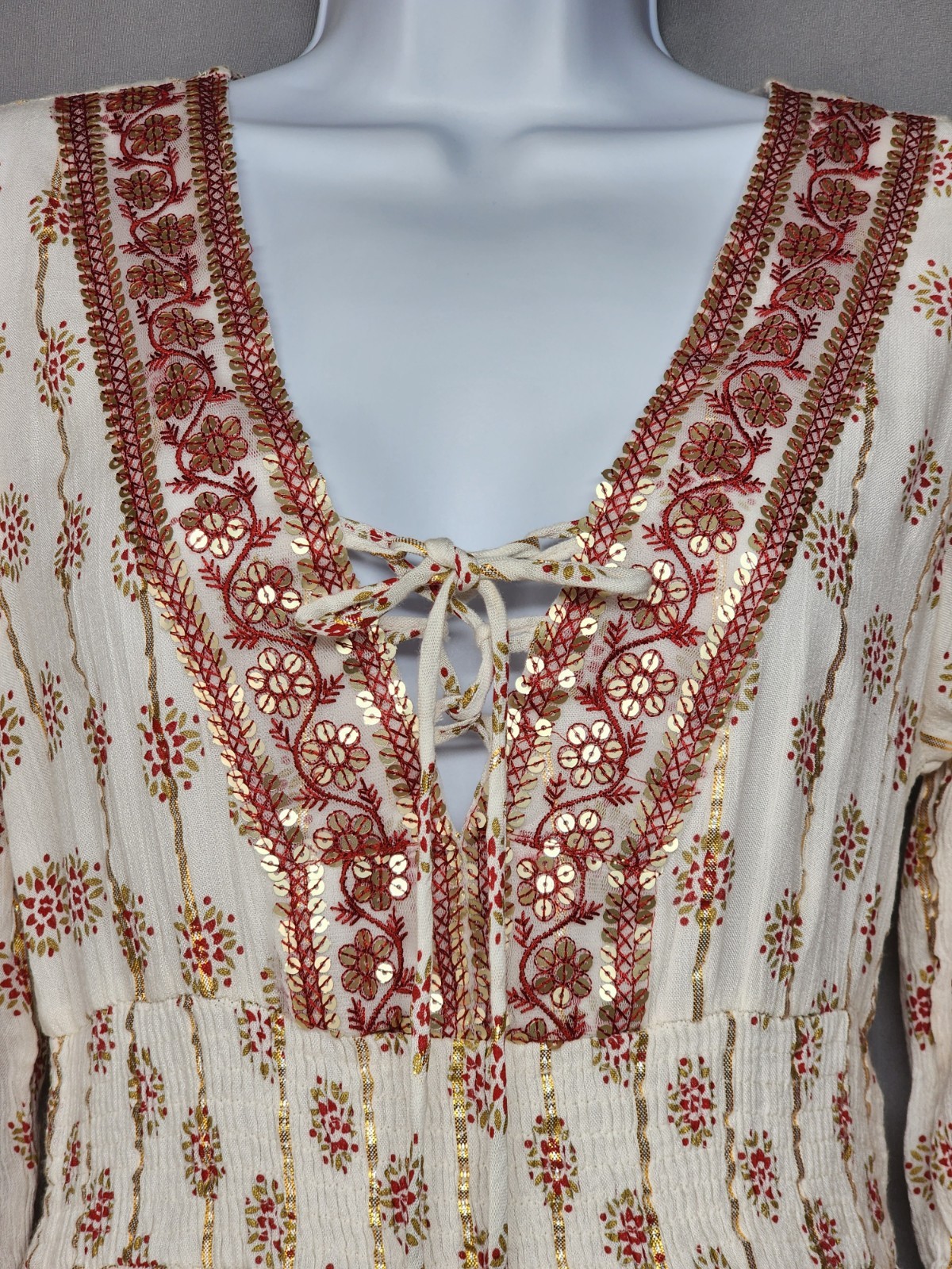 Anthropologie Me 2 Magic Size S Ivory Smocked Boho Maxi Dress Glitter Sequins