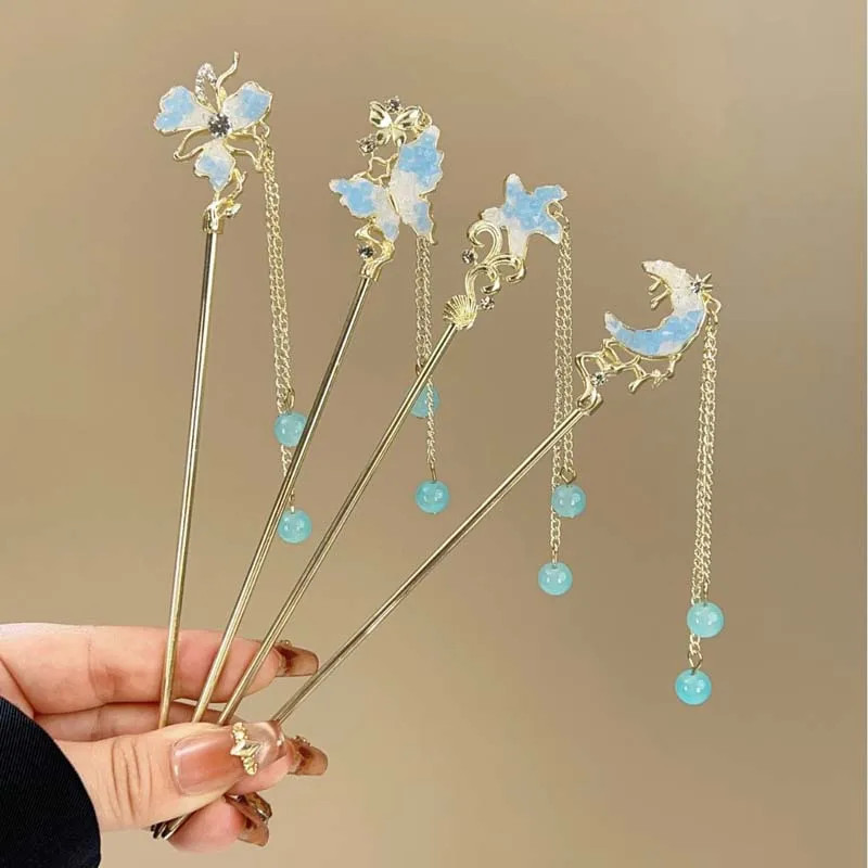 Exquisite Blue Crystal Star Moon Hair Stick for Women Girls Chinese Style Fl