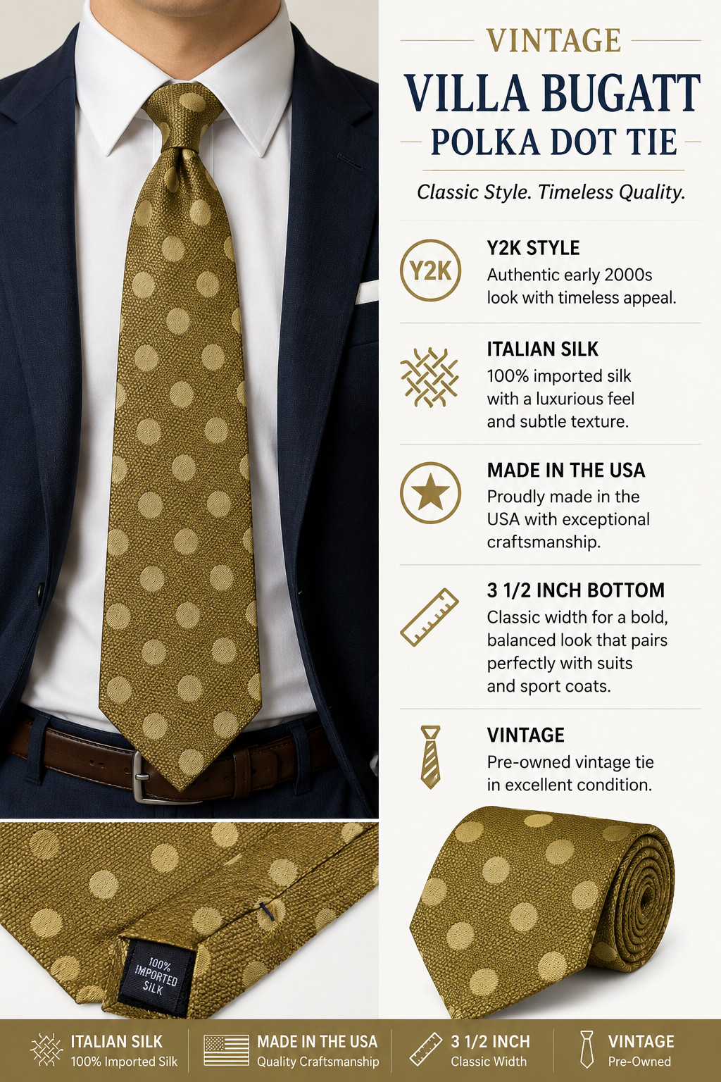 Villa Bugatt Gold Polka Dot Silk Tie Made USA 3.5″ Wide Y2K Vintage