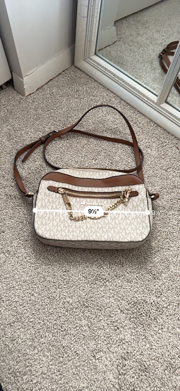 Michael Kors Monogram Small Crossbody Zip Bag Chain Strap Gold Beige/Brown