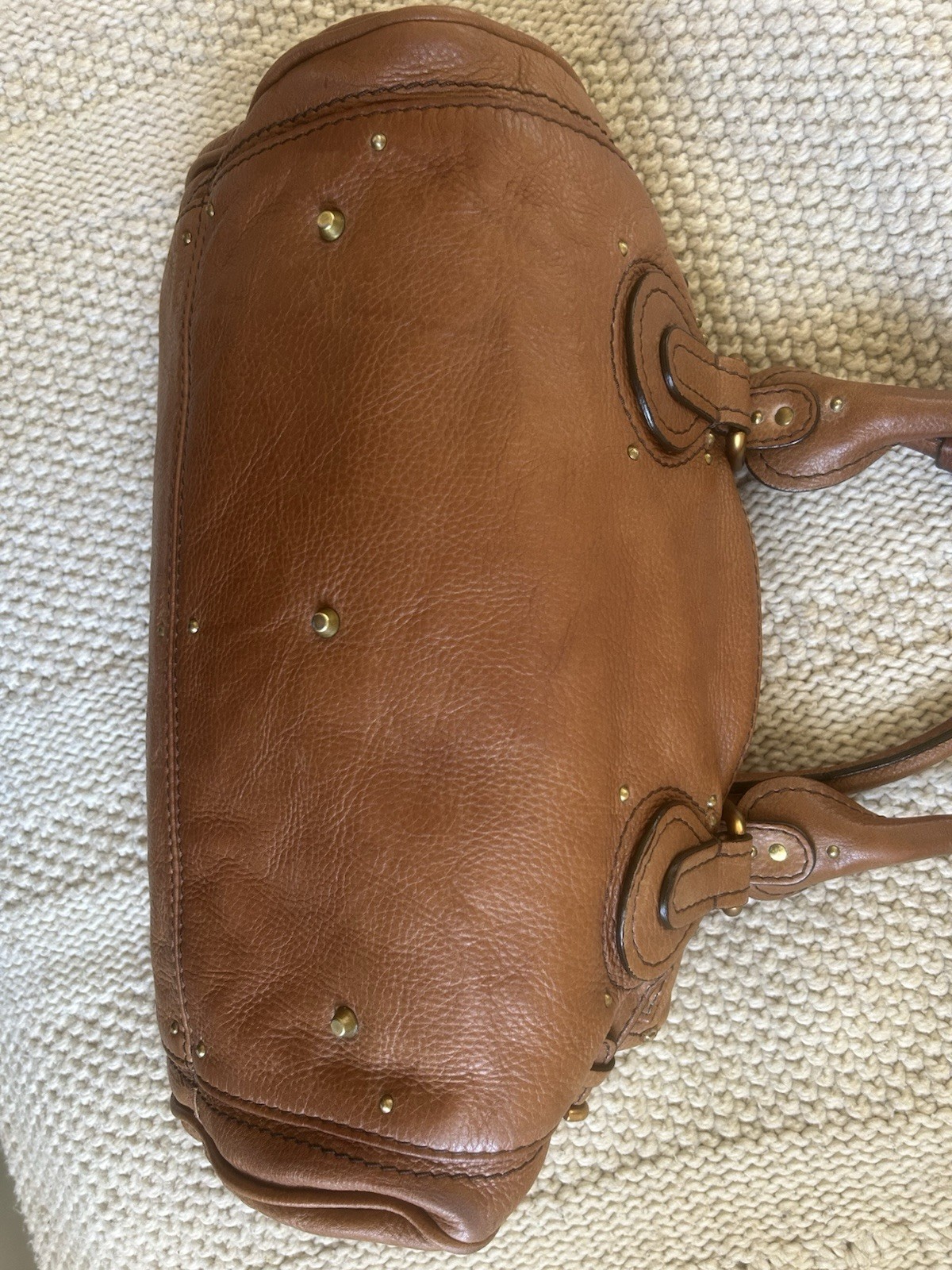 Chloé Brown Satchel Padlock & Key, Studded Bottom, Zip Closure, Gold/Silver