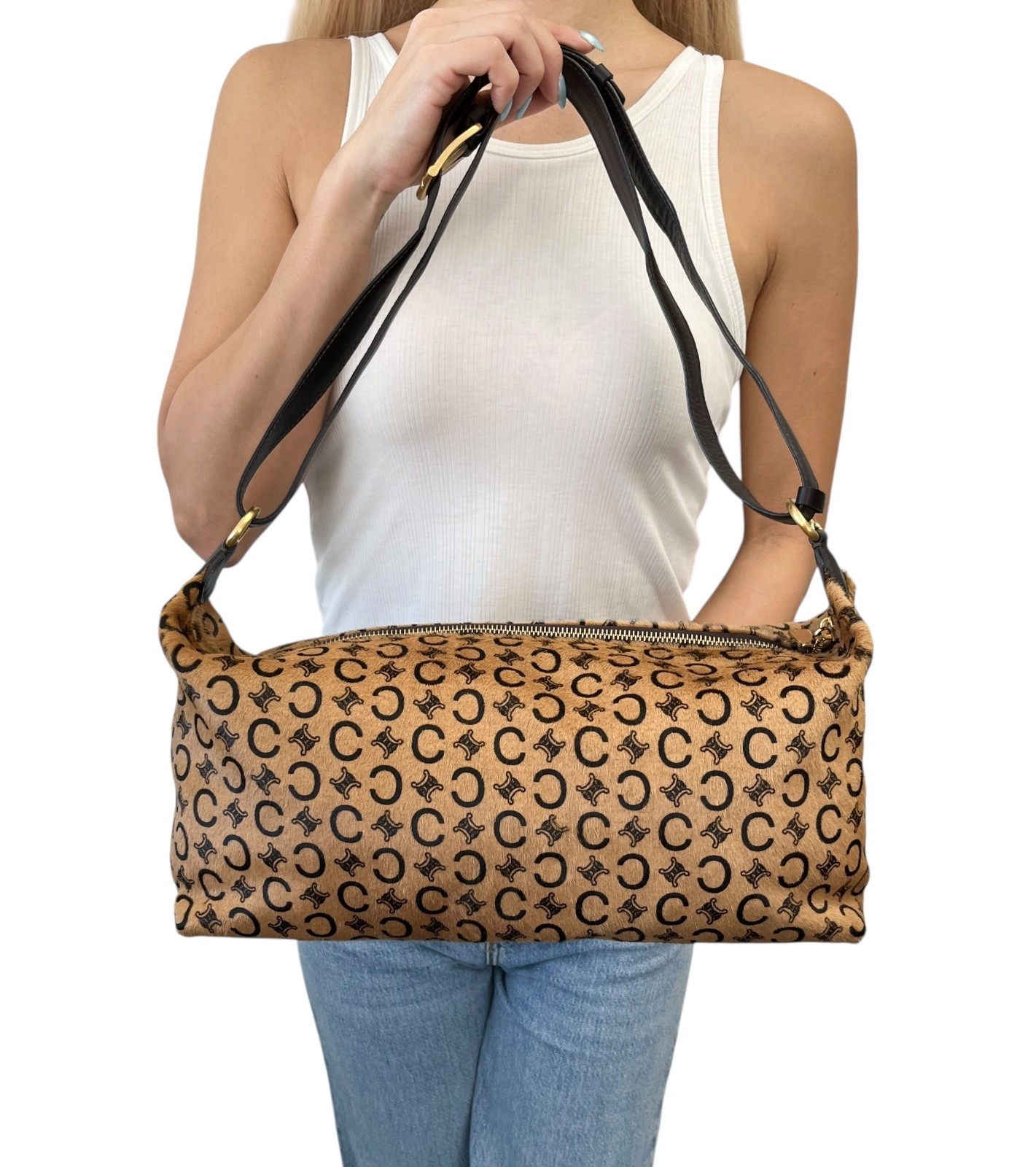 CELINE Vintage C Macadam Logo Pony Calf Hair 2way Shoulder Bag Beige Brown