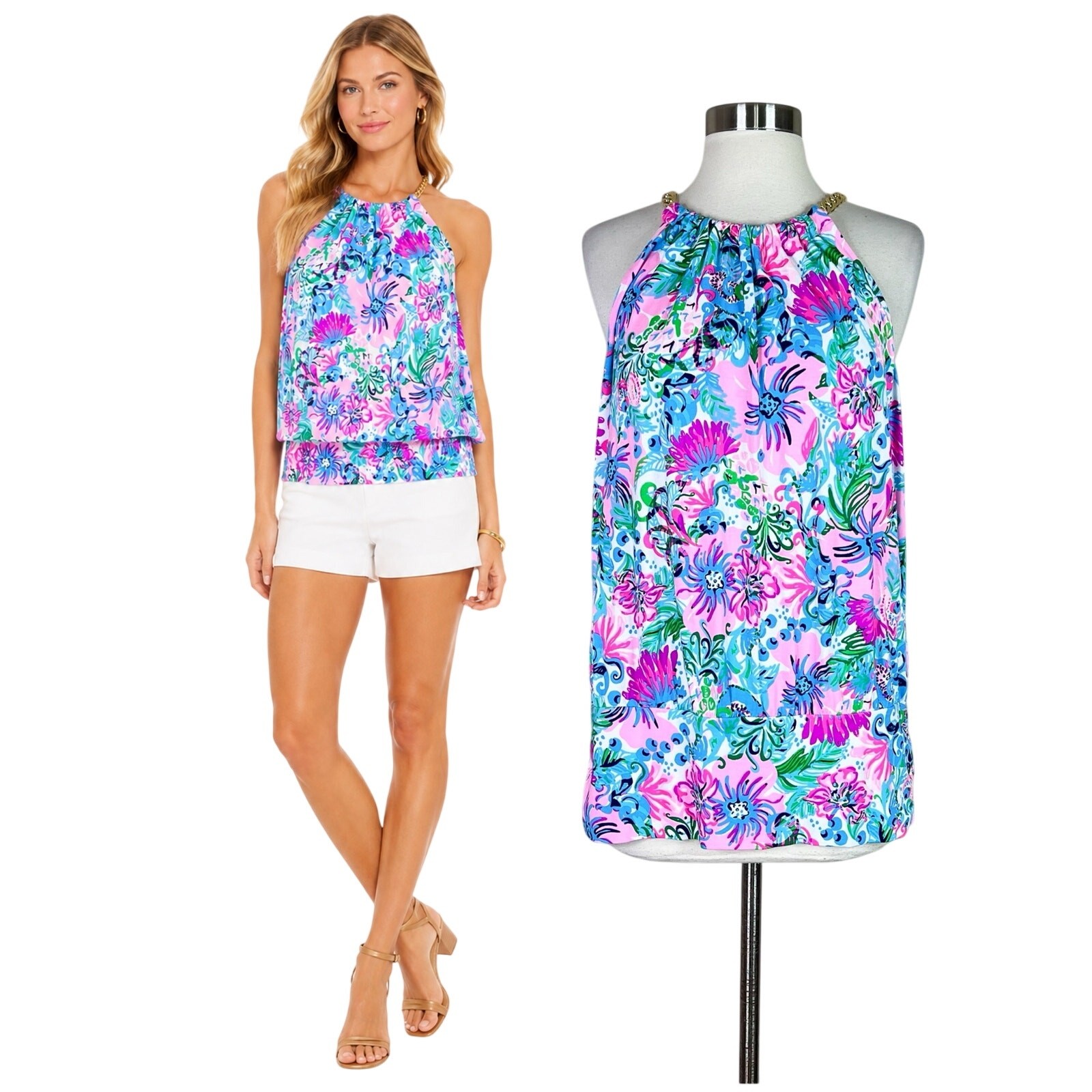 Lilly Pulitzer | Bowen Tropical Pink Floral Halter Gold Chain Tank Top Large
