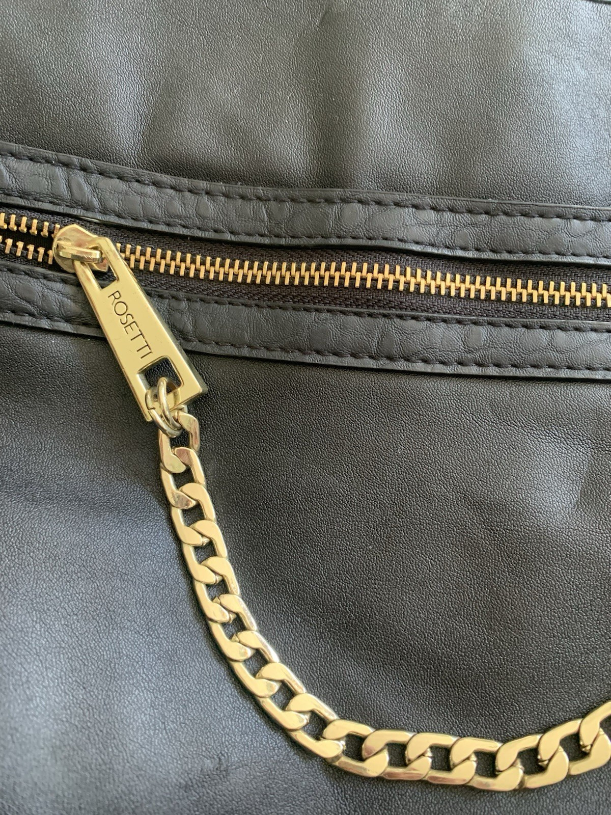 Rosetti Black Polyurethane Shoulder Bag Purse Zipper/Chain Pockets *Crack Strap