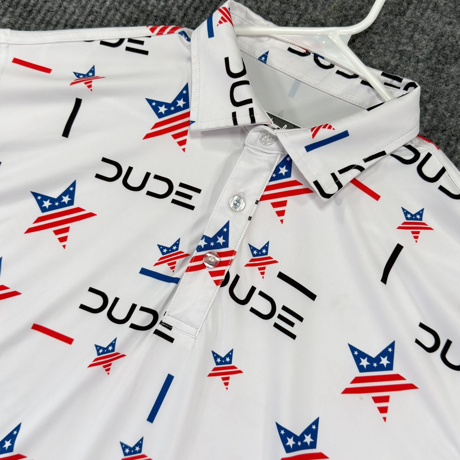 Waggle Polo Shirt Mens XL White USA Flag DUDE Print Golf Stretch Performance