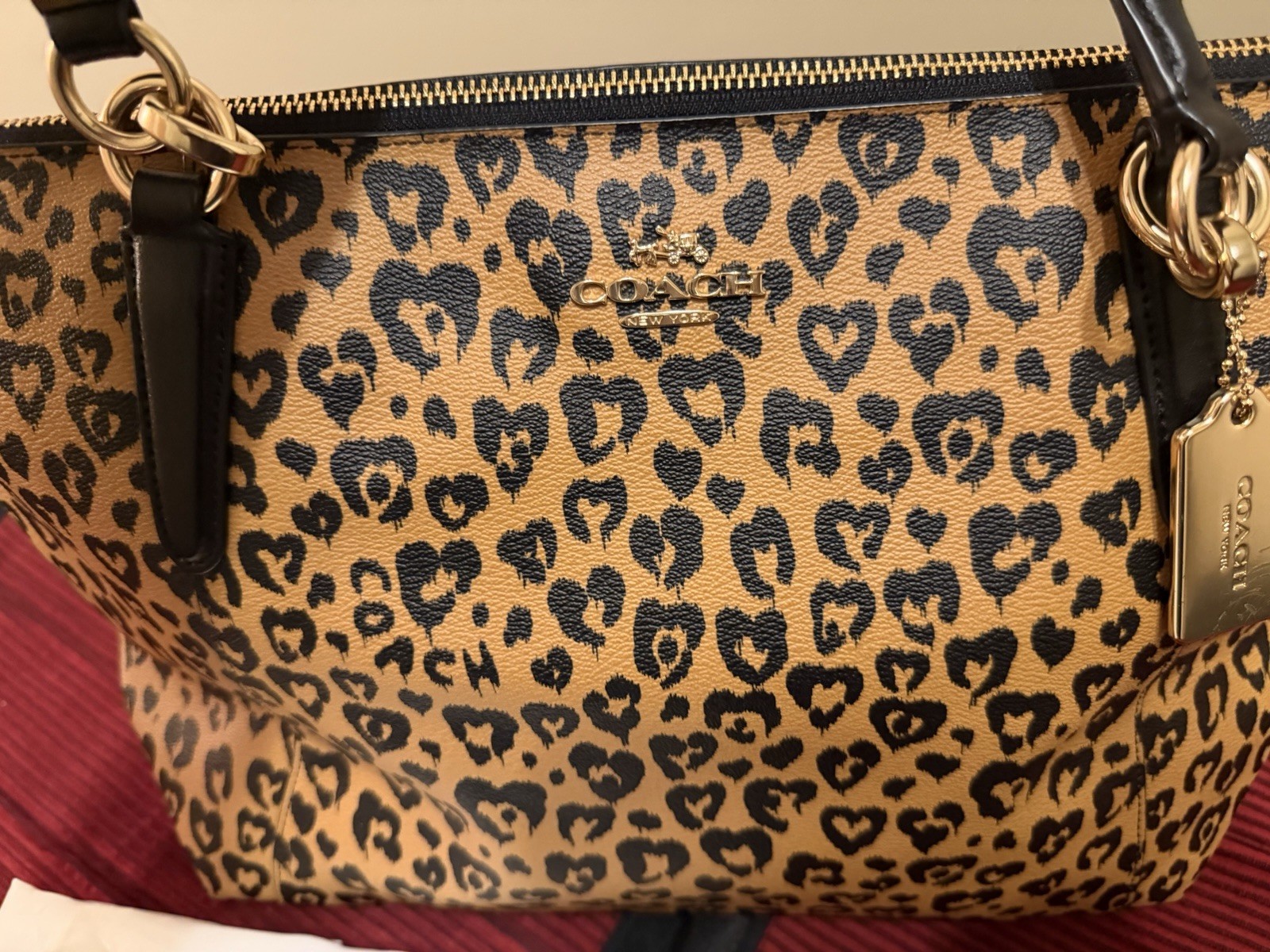 Coach Leopard Print Tote Zip Top Lined Inner Pockets Gold Hardware Dust Bag