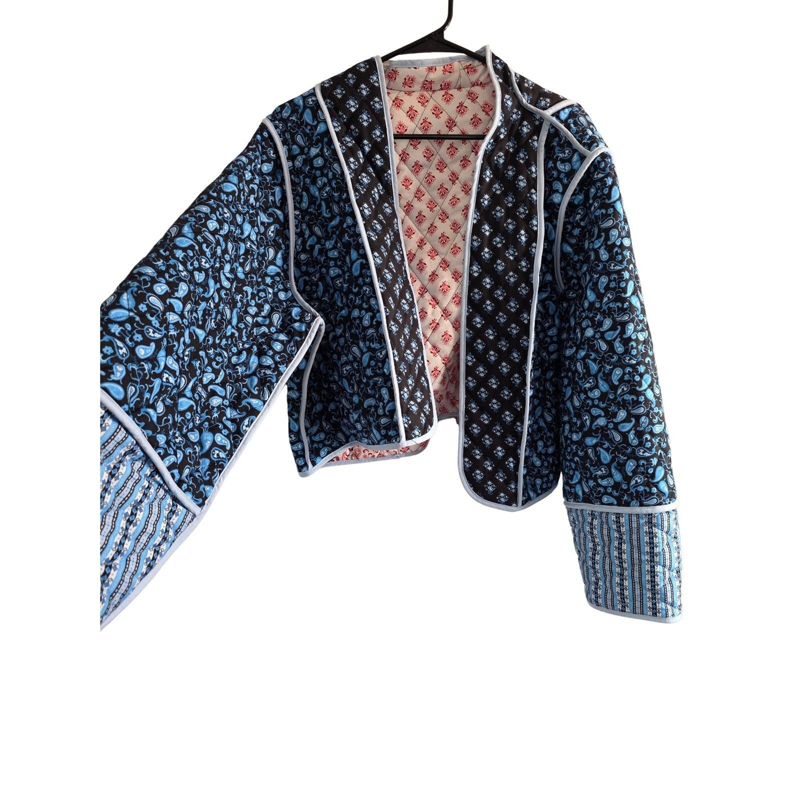 Reversible Quilted Cropped Jacket Black Blue Paisley Pink Floral Open Front 1XL