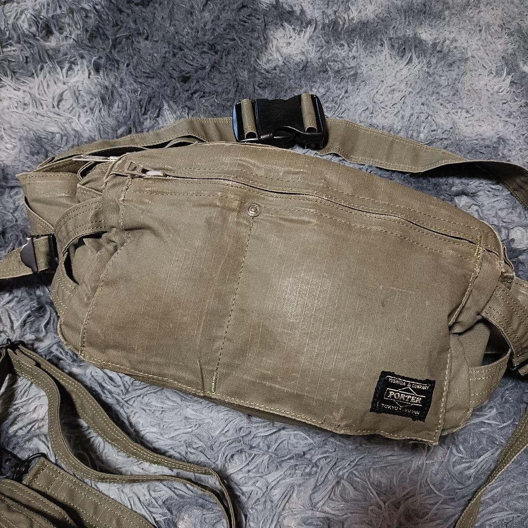 Authentic PORTER Military Body Bag 34x17x13cm Khaki Grunge 2Way with Wear