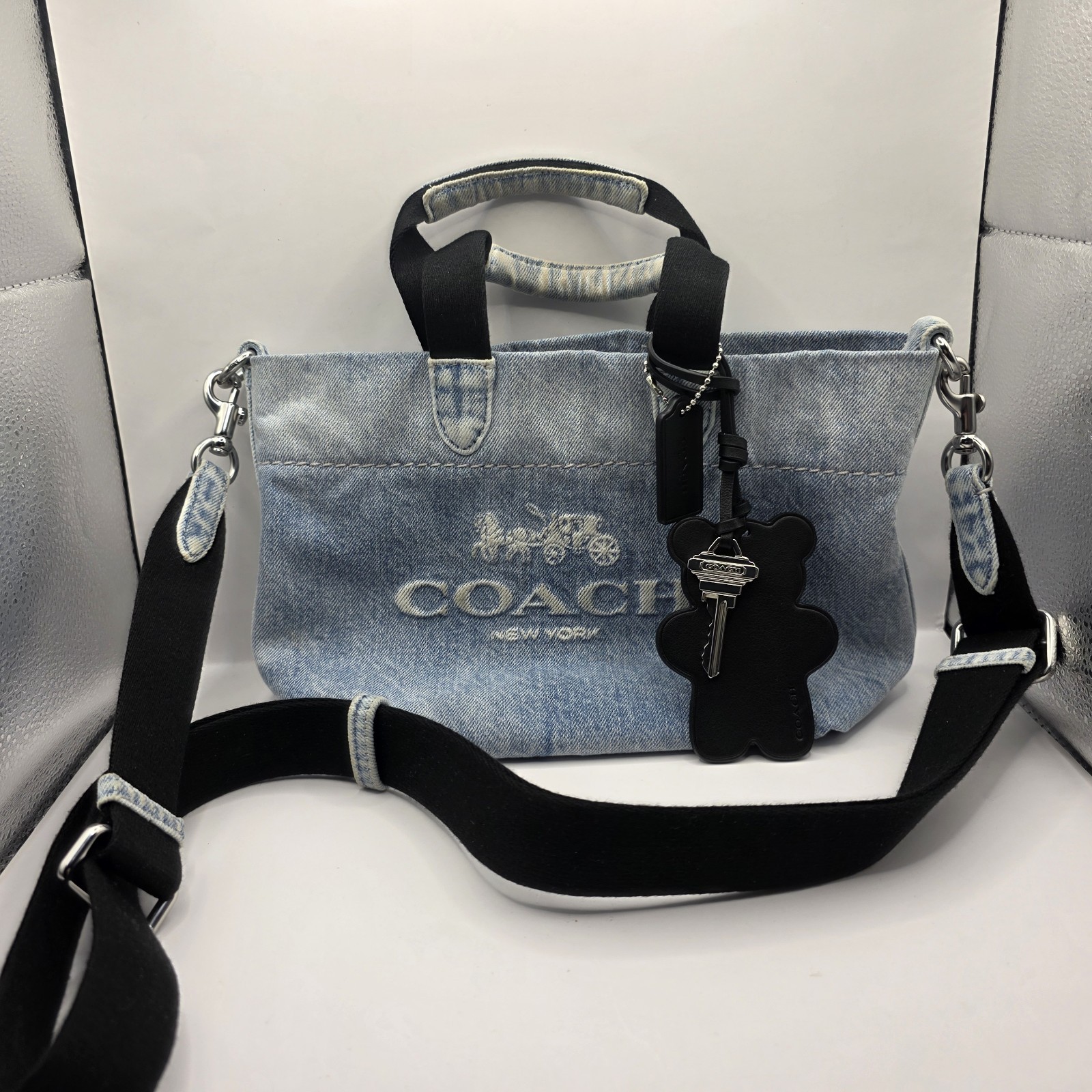 COACH Mini Tour Tote Bag Crossbody In Loved Denim Silver/Light Indigo CEB33
