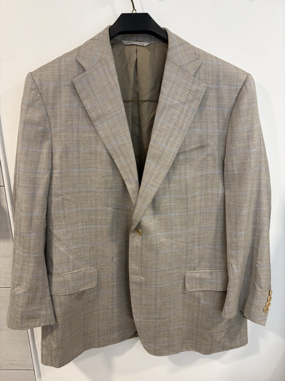 Canali 48L 58L Sport Coat Beige Blue Windowpane Wool Silk Linen Italy