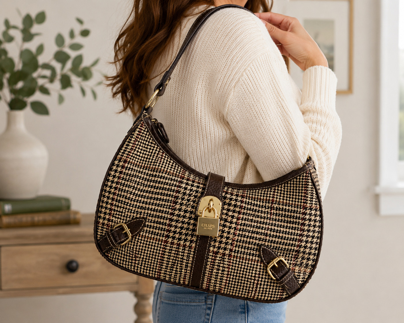 Chaps Houndstooth Plaid Shoulder Bag Purse Brown Padlock Preppy Y2K Academia