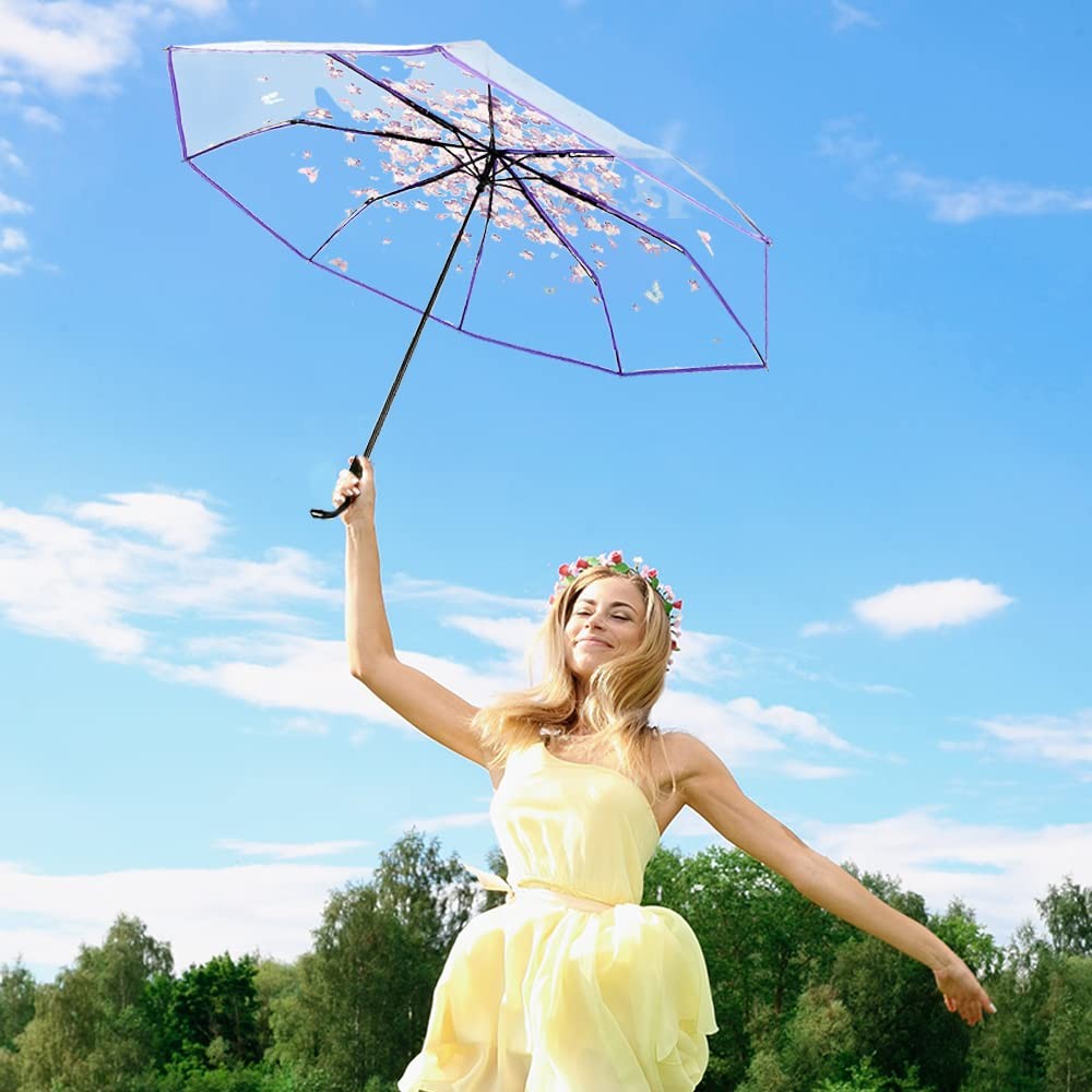 Cherry Blossom Butterfly Umbrella Transparent Clear Umbrellas 8 Ribs Folding Umb